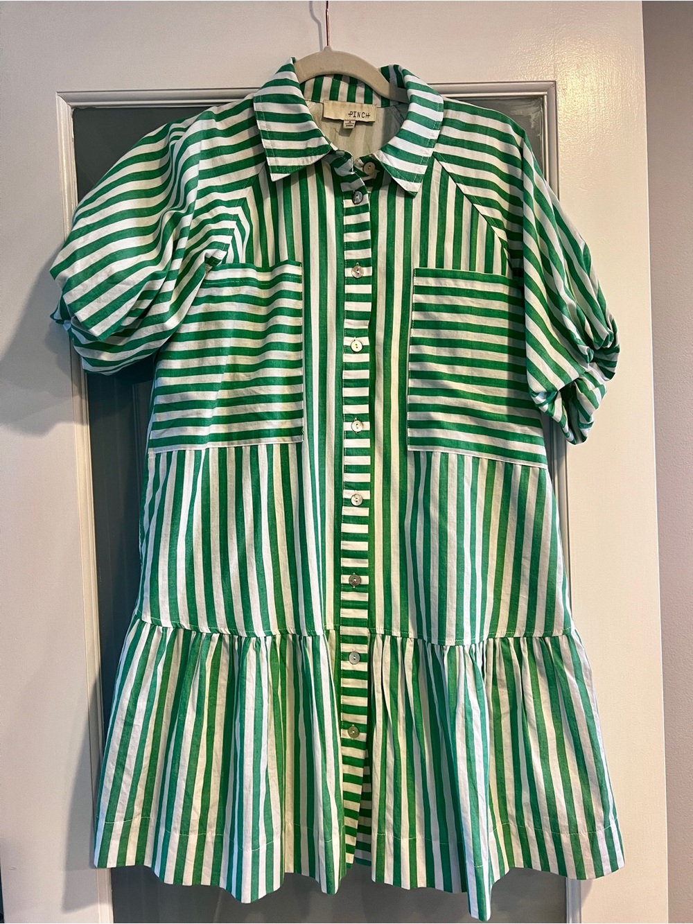 Pinch Green White Striped Short Sleeve Tiered Button Down Shirt Dress Small - Picture 2 of 8